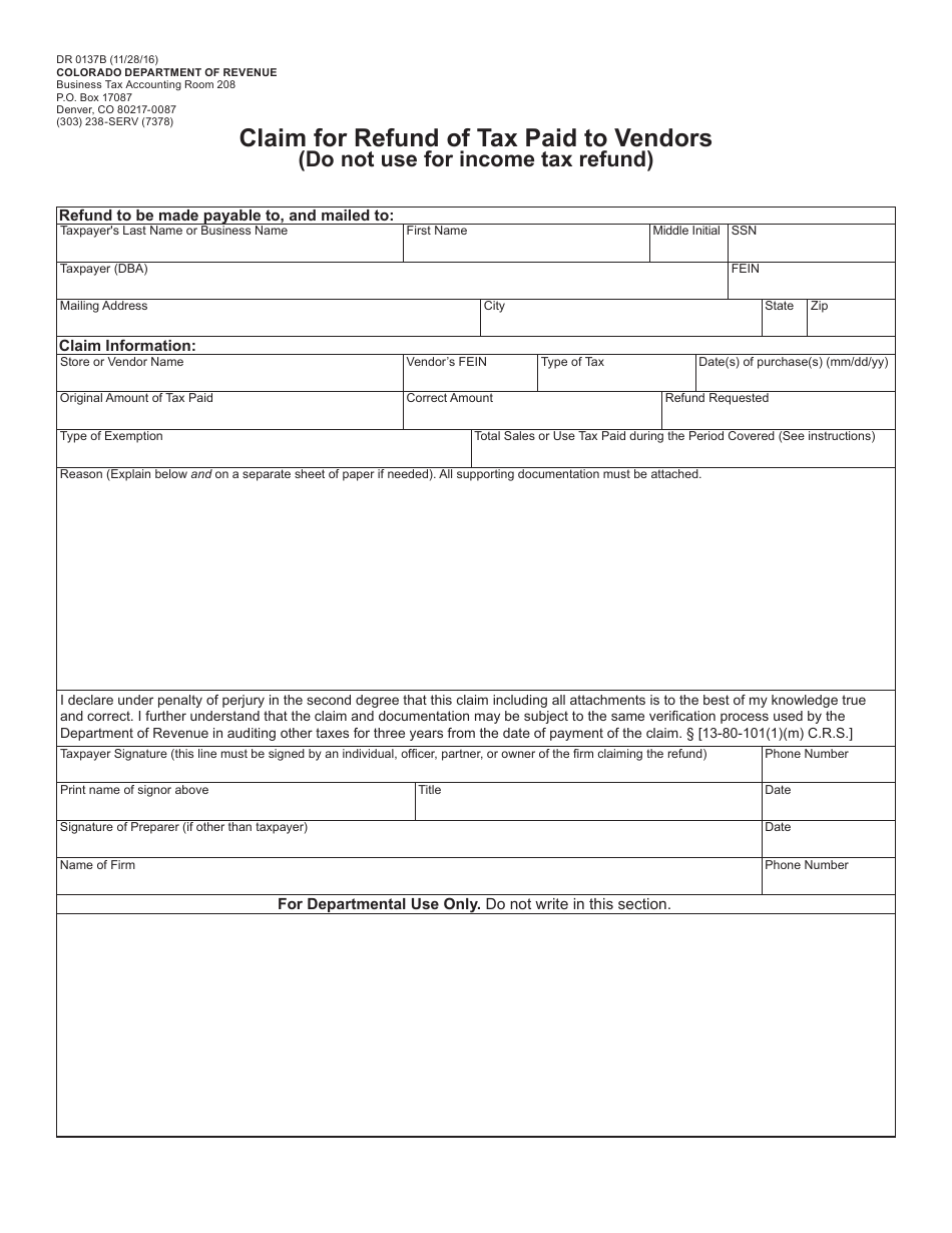 Form DR0137b Claim for Refund of Tax Paid to Vendors - Colorado, Page 2