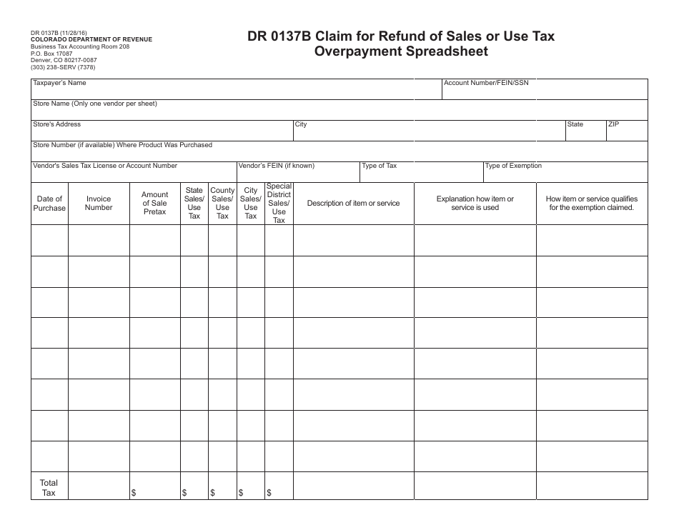 Form DR0137b Claim for Refund of Tax Paid to Vendors - Colorado, Page 3