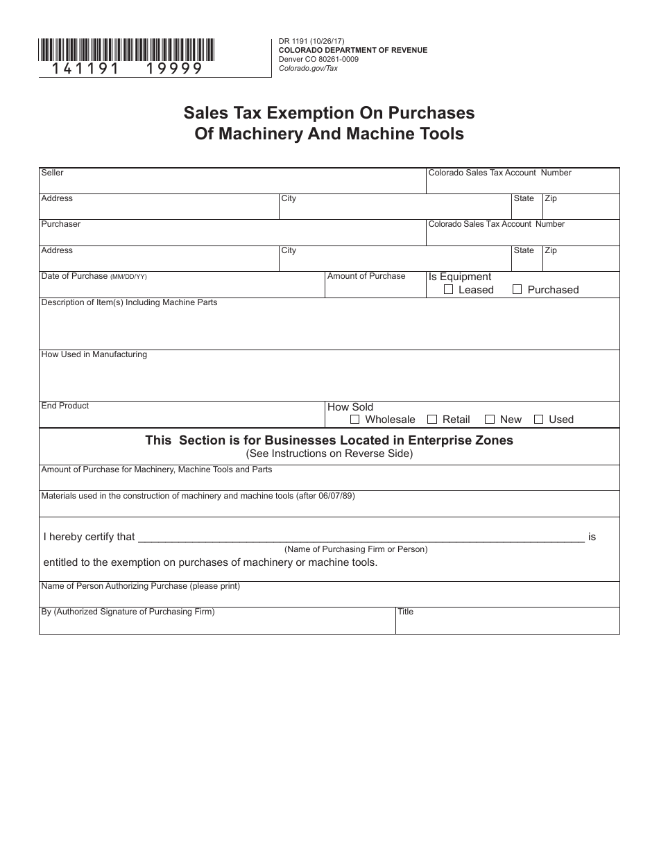 Form DR1191 Sales Tax Exemption on Purchases of Machinery and Machine Tools - Colorado, Page 2