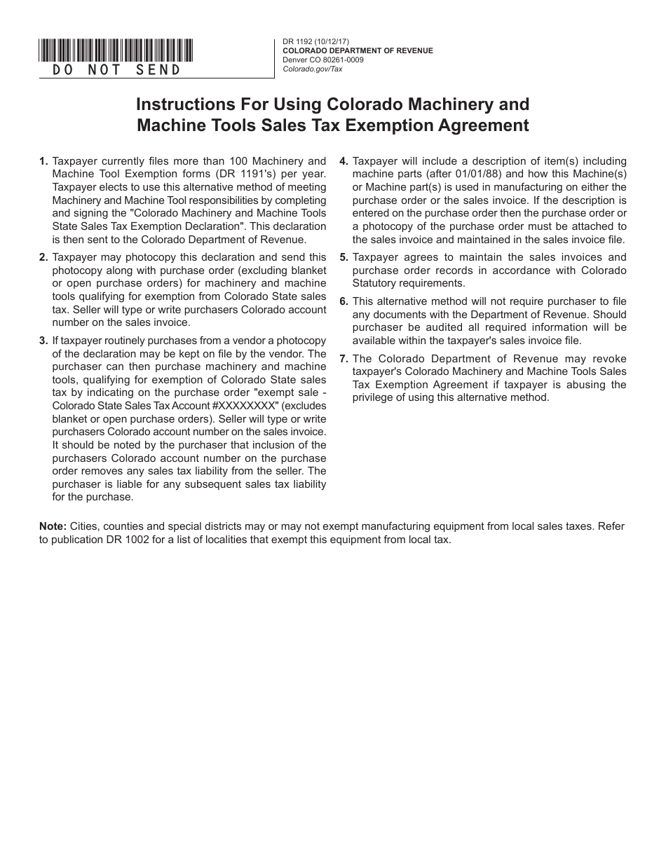 Form DR1192 Colorado Machinery and Machine Tools State Sales Tax Exemption Declaration - Colorado, Page 1
