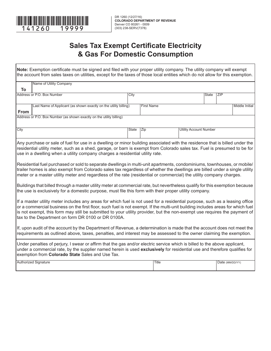 Form DR1260 Sales Tax Exempt Certificate Electricity  Gas for Domestic Consumption - Colorado, Page 1