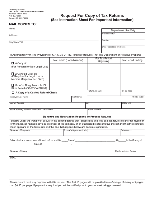 Form DR5714 Request for Copy of Tax Returns - Colorado