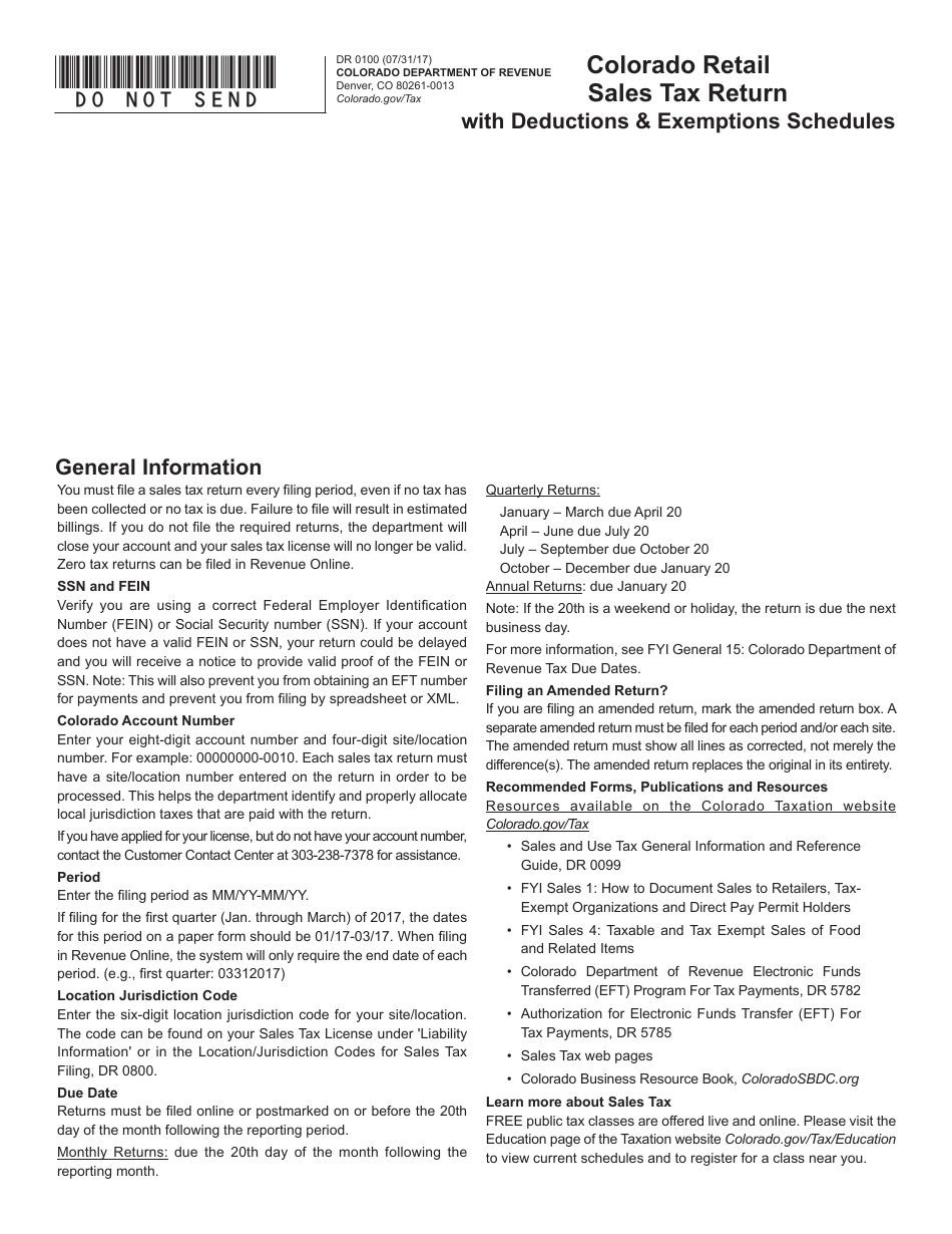Form DR0100 Colorado Retail Sales Tax Return With Deductions  Exemptions Schedules - Colorado, Page 2