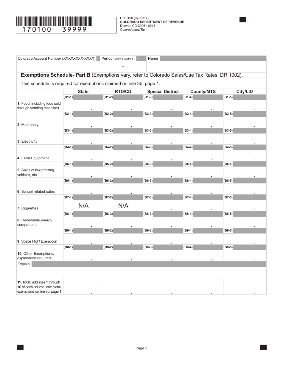 Form DR0100 Colorado Retail Sales Tax Return With Deductions  Exemptions Schedules - Colorado, Page 8