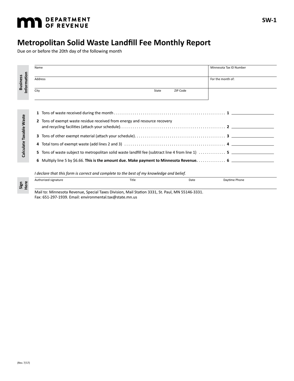 Form SW1 Download Fillable PDF or Fill Online Metropolitan Solid Waste