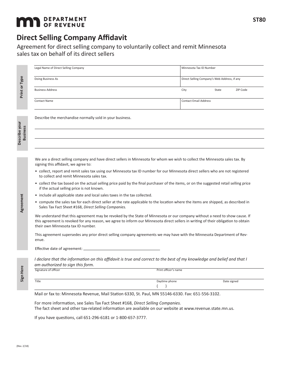 Form ST-80 Direct Selling Company Affidavit - Minnesota, Page 1