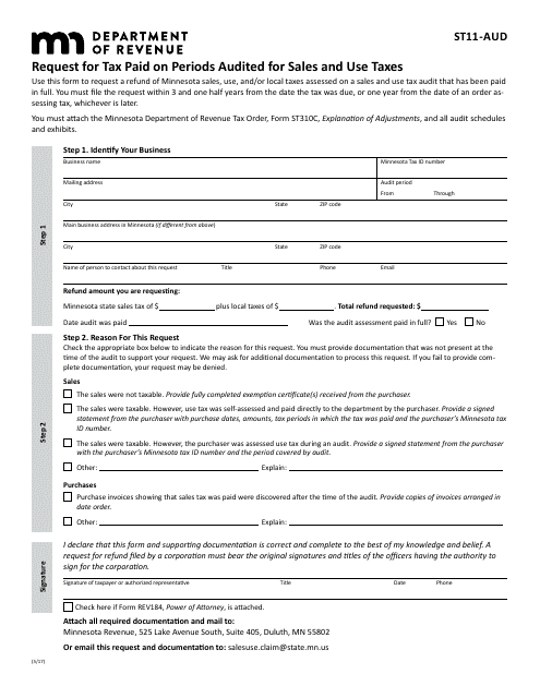 Form ST11-AUD Request for Tax Paid on Periods Audited for Sales and Use Taxes - Minnesota