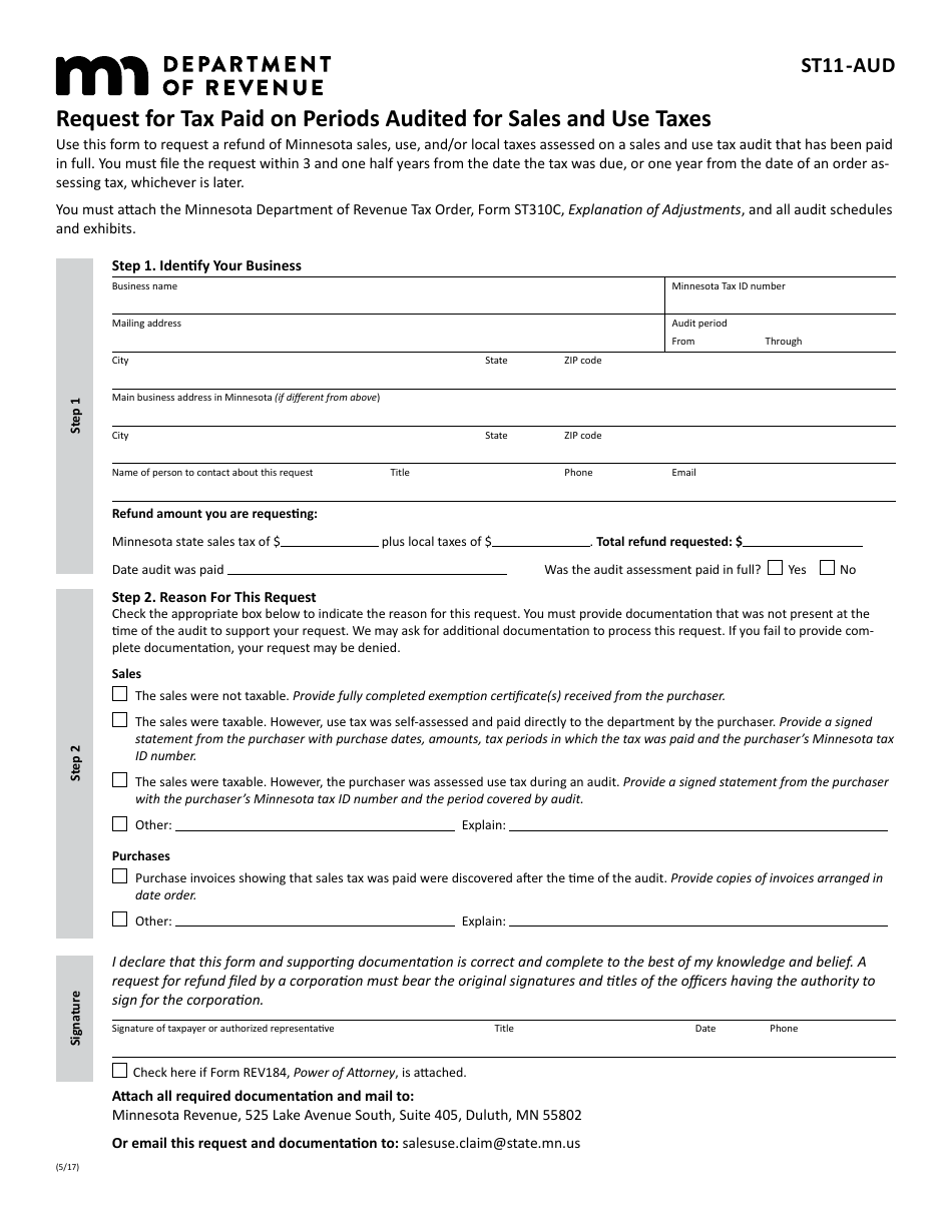 Form ST11-AUD Request for Tax Paid on Periods Audited for Sales and Use Taxes - Minnesota, Page 1