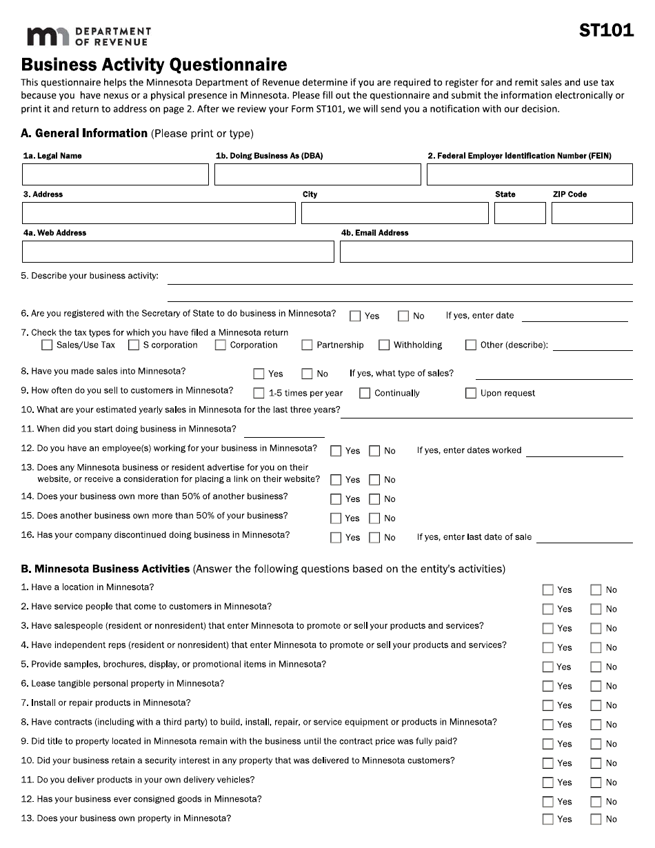 Form ST101 Business Activity Questionnaire - Minnesota, Page 1