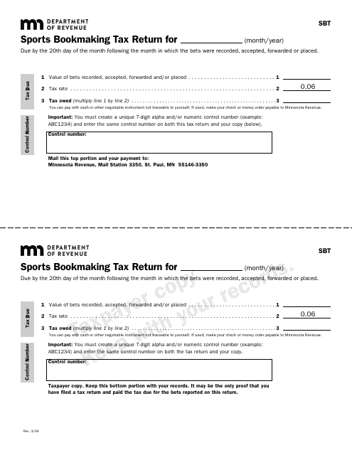 Form SBT Sports Bookmaking Tax Return - Minnesota