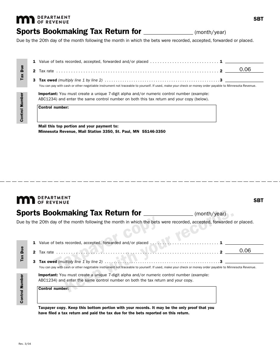 Form SBT Sports Bookmaking Tax Return - Minnesota, Page 1