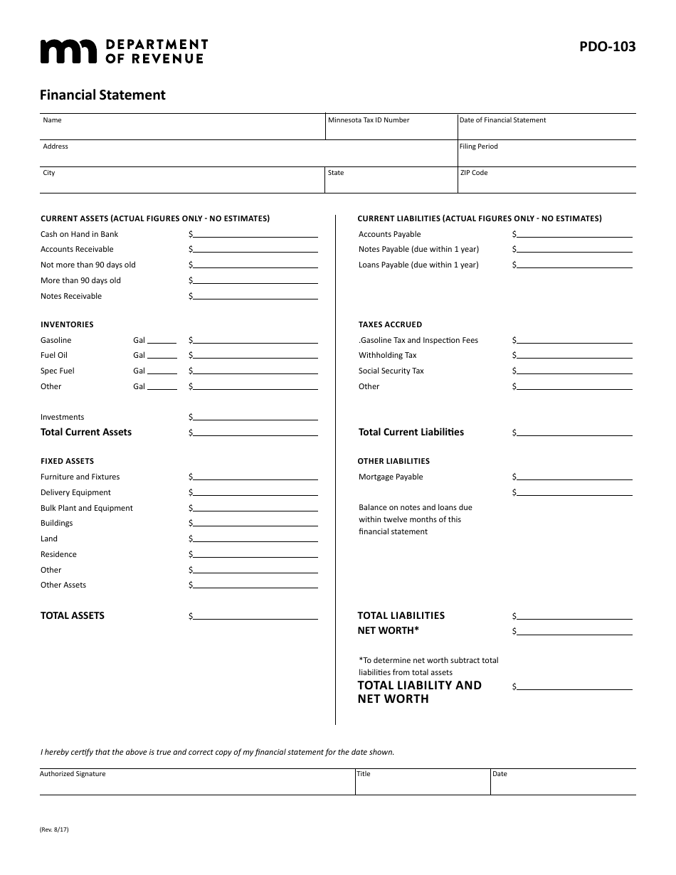Form PDO-103 Financial Statement - Minnesota, Page 1