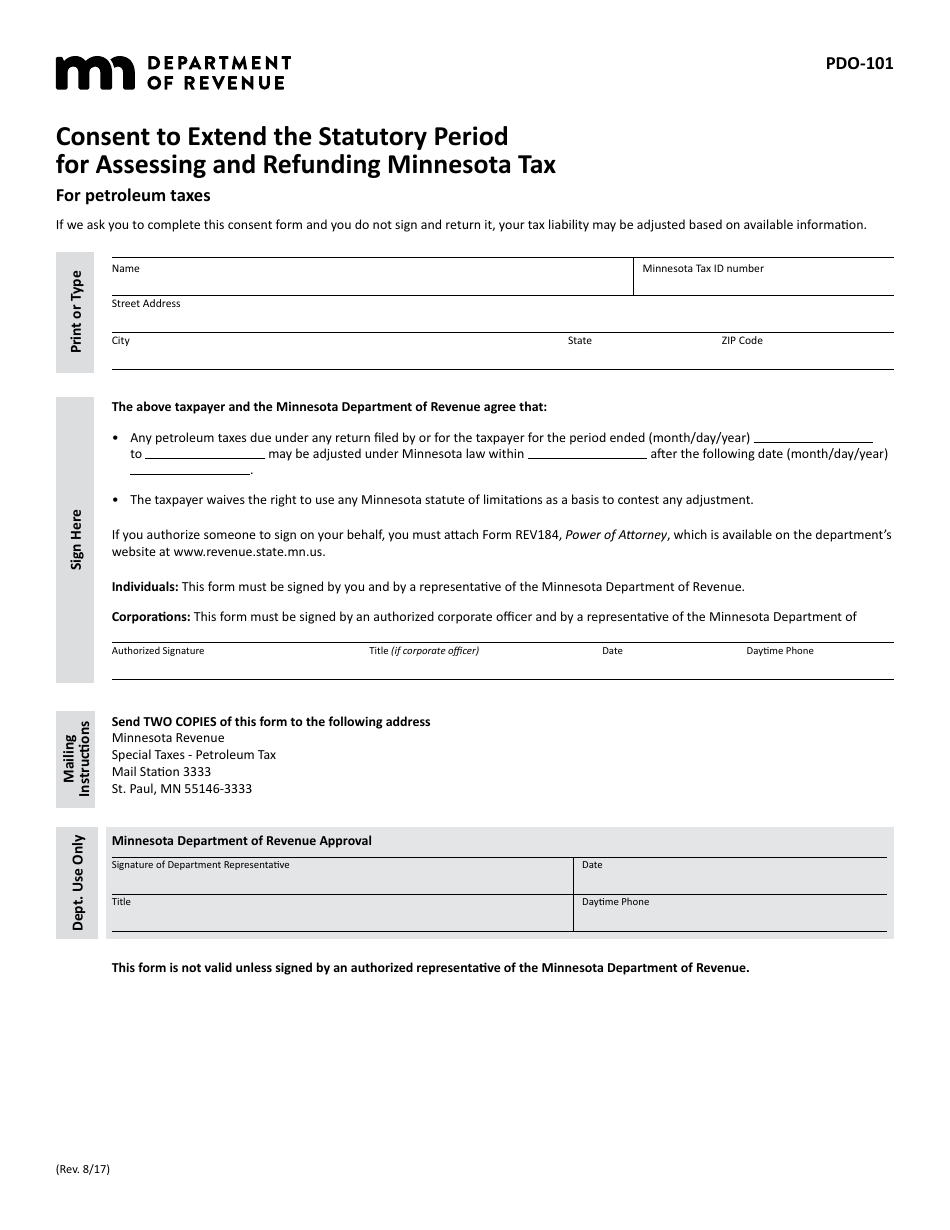 Form PDO-101 Consent to Extend the Statutory Period for Assessing and Refunding Minnesota Tax for Petroleum Taxes - Minnesota, Page 1