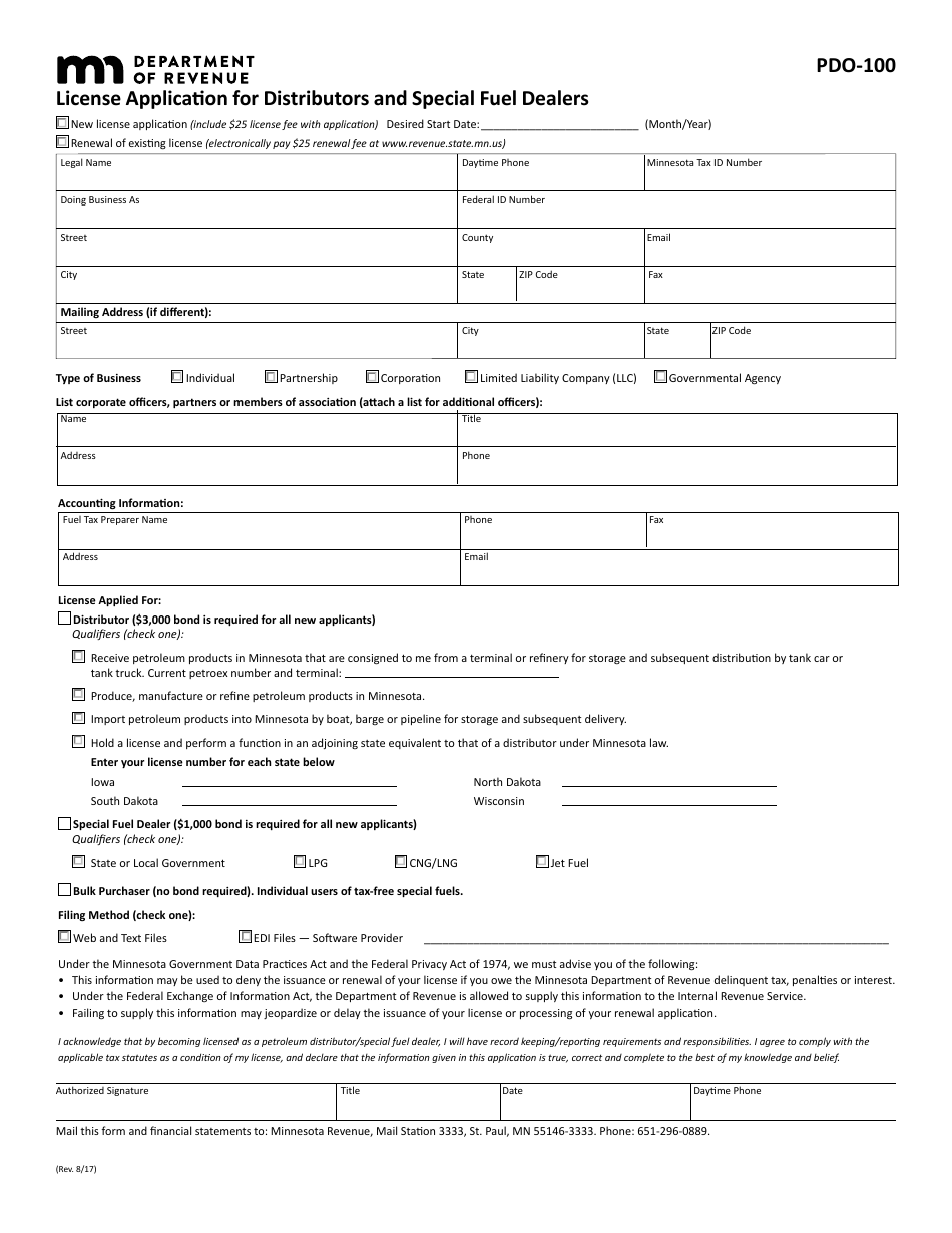 Form PDO-100 License Application for Distributors and Special Fuel Dealers - Minnesota, Page 1