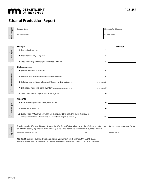 Form PDA-45E Ethanol Production Report - Minnesota
