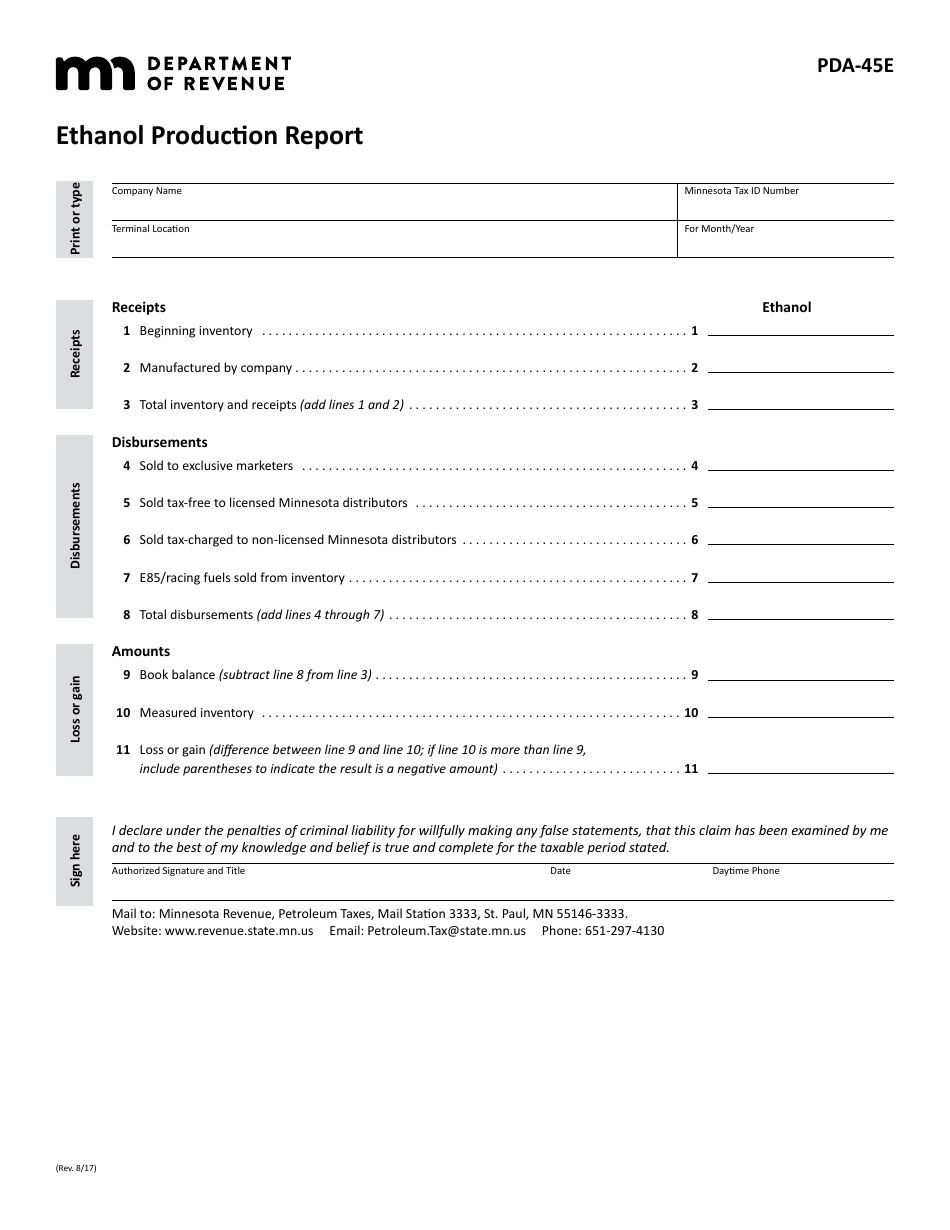 Form PDA-45E Ethanol Production Report - Minnesota, Page 1