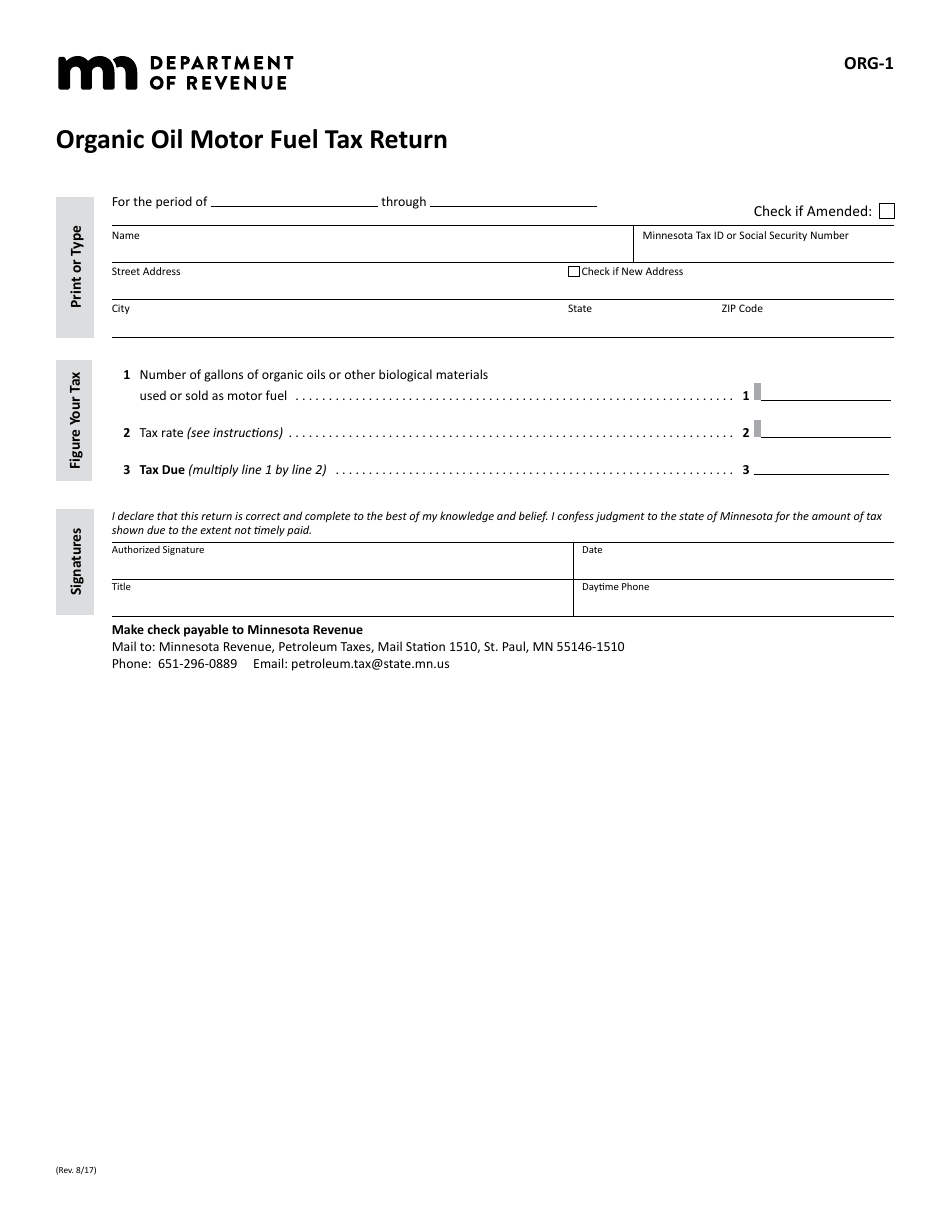 Form ORG-1 Organic Oil Motor Fuel Tax Return - Minnesota, Page 1