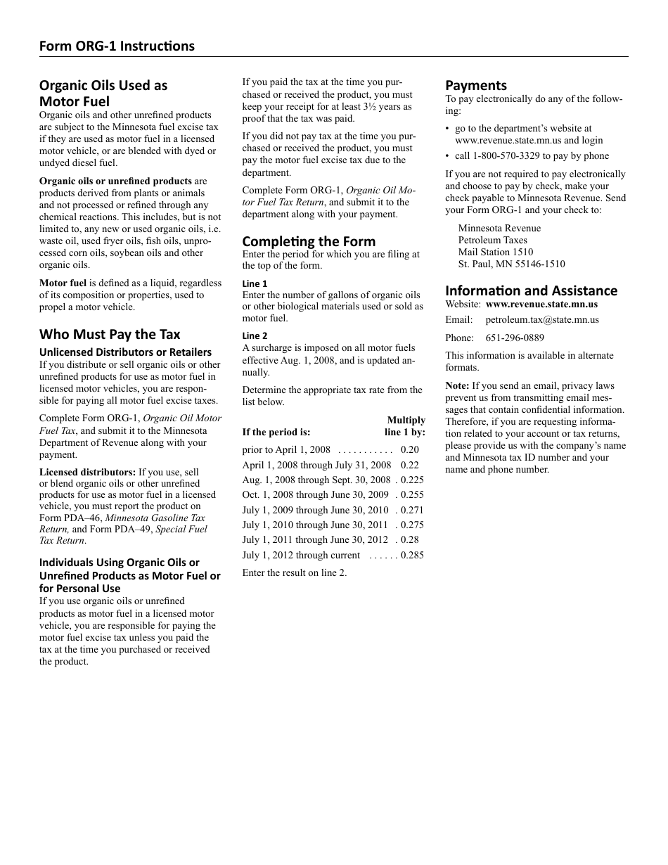 Form ORG-1 Organic Oil Motor Fuel Tax Return - Minnesota, Page 2
