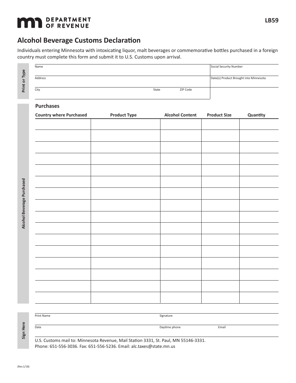 Form LB59 Alcohol Beverage Customs Declaration - Minnesota, Page 1