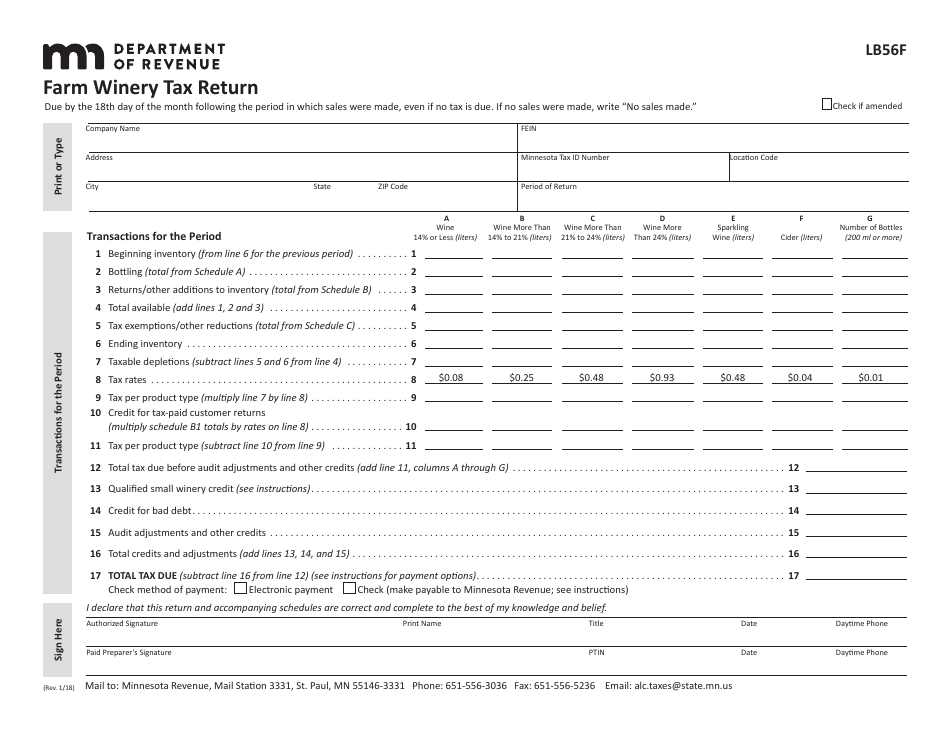 Form LB56F Farm Winery Tax Return - Minnesota, Page 1