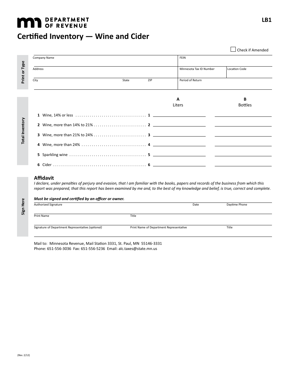 Form LB1 Certified Inventory - Wine and Cider - Minnesota, Page 1