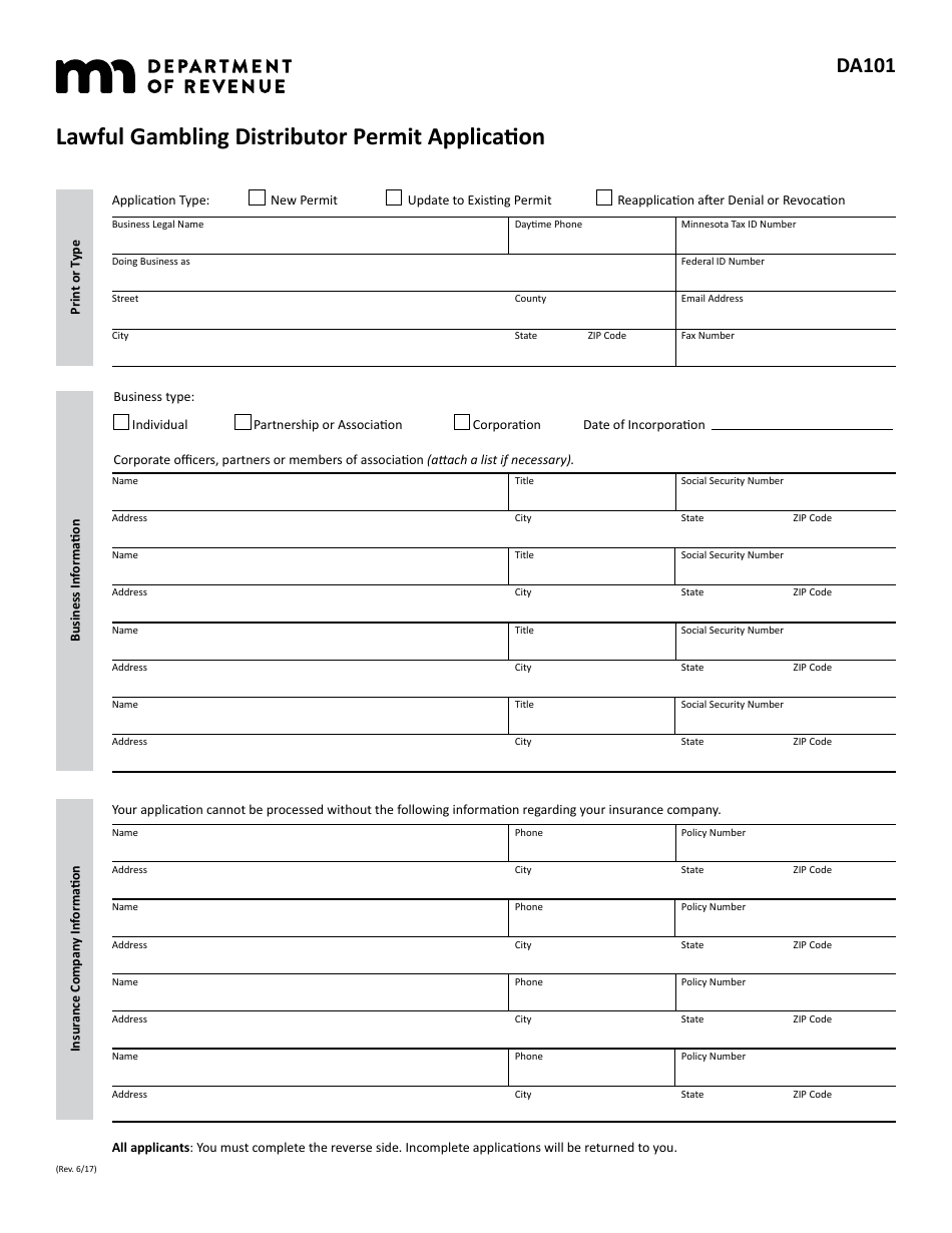Form DA101 Lawful Gambling Distributor Permit Application - Minnesota, Page 1