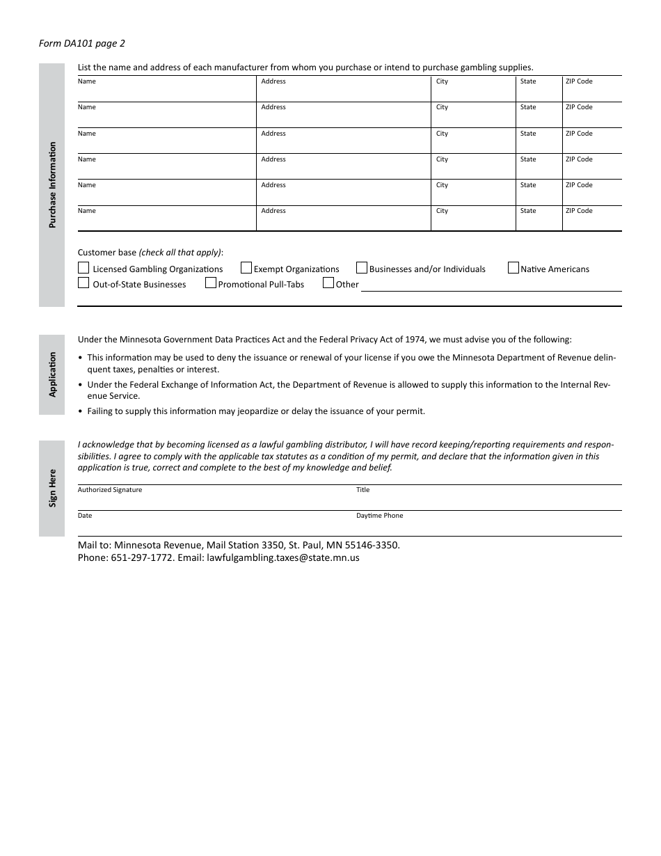 Form DA101 Lawful Gambling Distributor Permit Application - Minnesota, Page 2