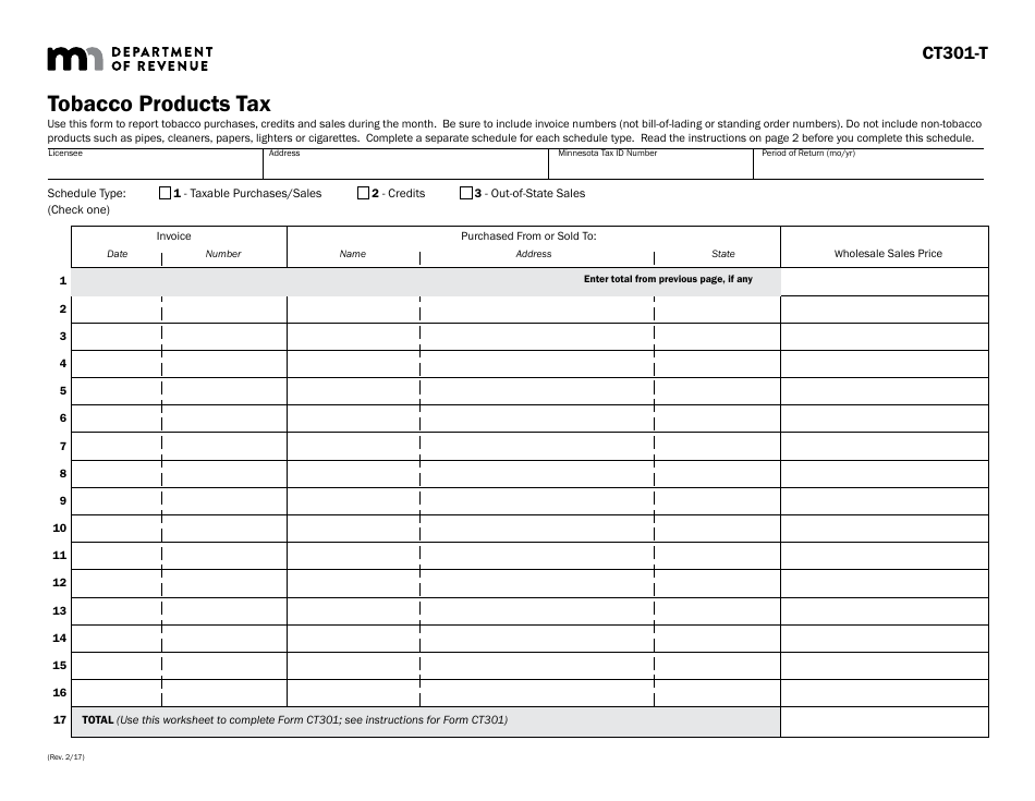 Form CT301-T Tobacco Products Tax - Minnesota, Page 1