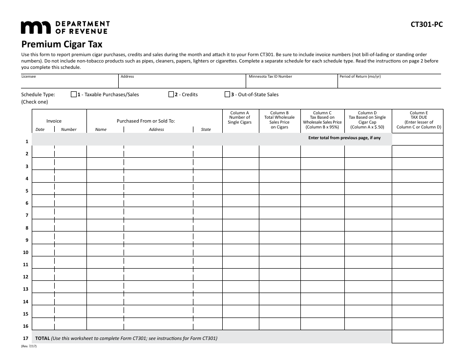 Schedule CT301-PC Premium Cigar Tax - Minnesota, Page 1