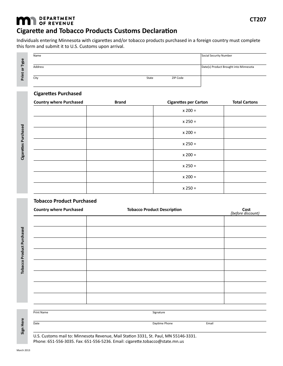 Form CT207 Cigarette and Tobacco Products Customs Declaration - Minnesota, Page 1