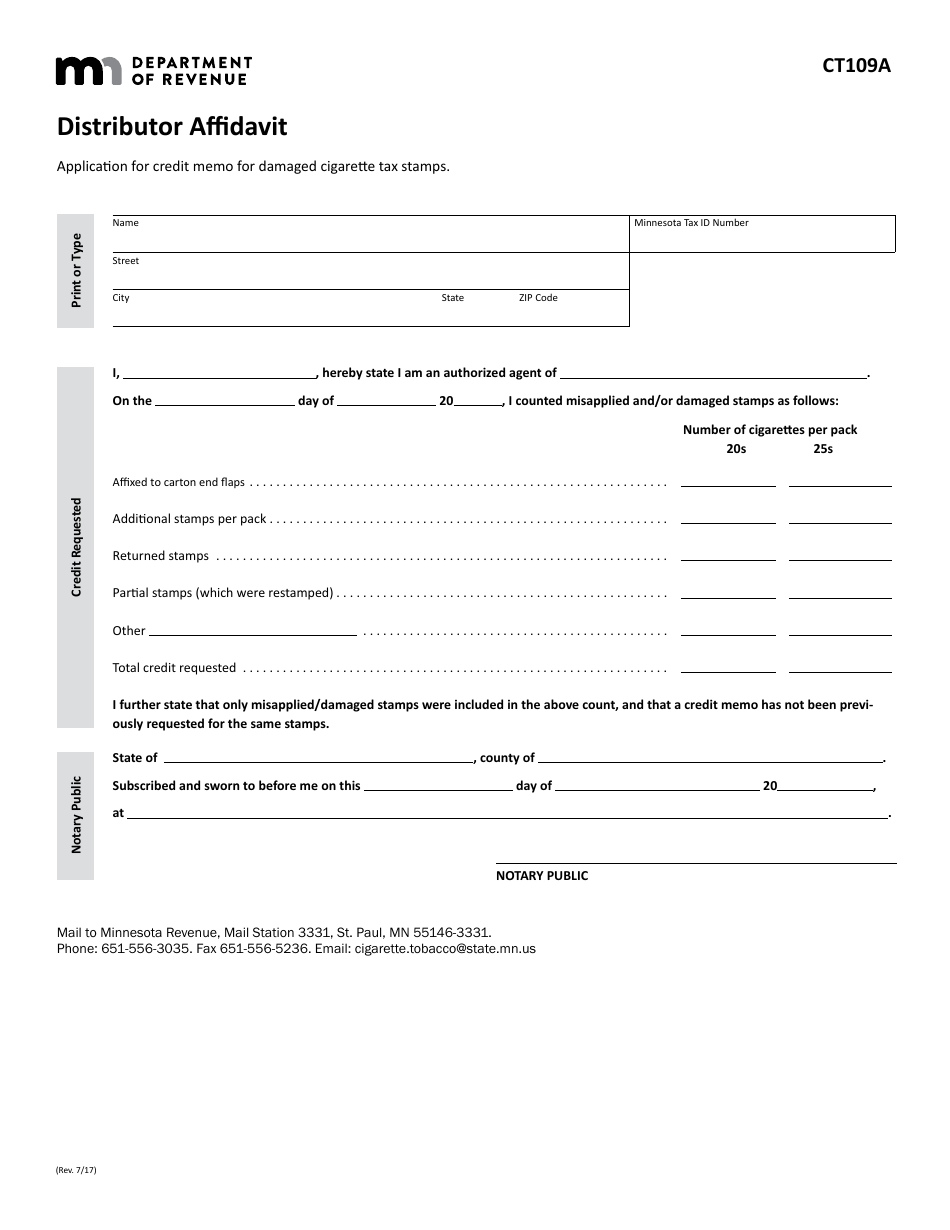 Form CT109A Distributor Affidavit - Minnesota, Page 1