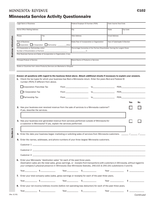 Form C102 Minnesota Service Activity Questionnaire - Minnesota