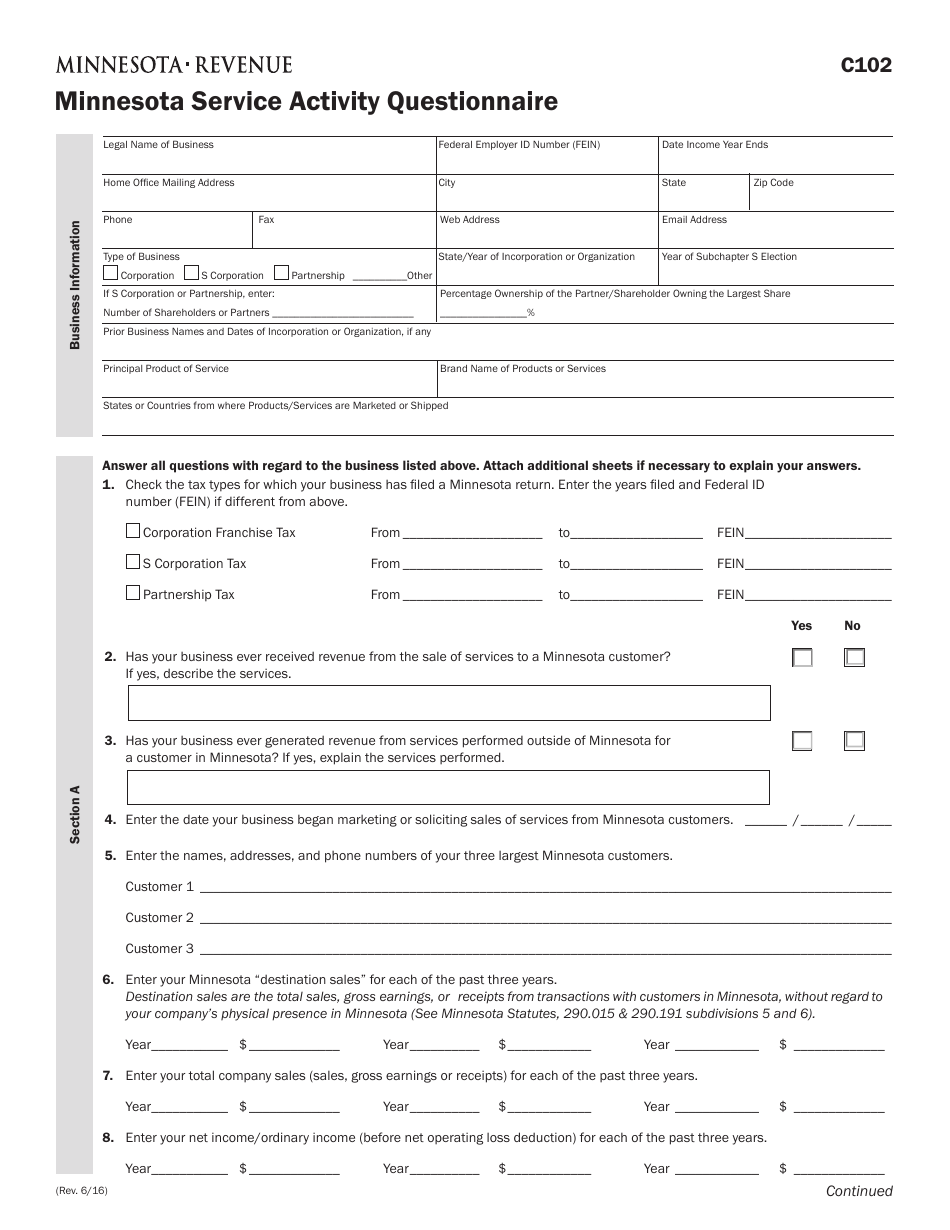 Form C102 Download Fillable Pdf Or Fill Online Minnesota Service Activity Questionnaire Minnesota Templateroller
