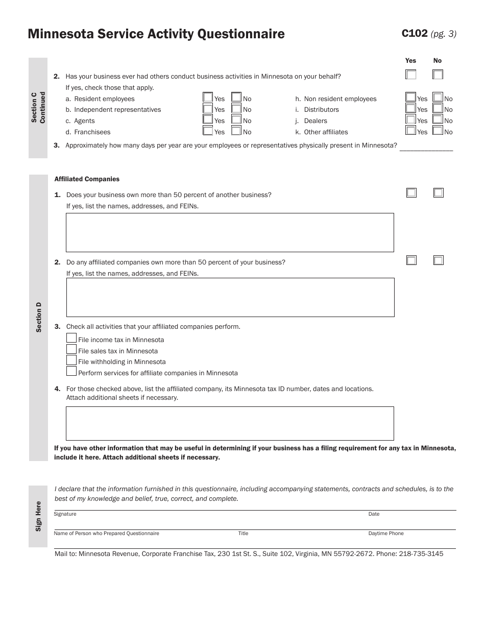 Form C102 Minnesota Service Activity Questionnaire - Minnesota, Page 3