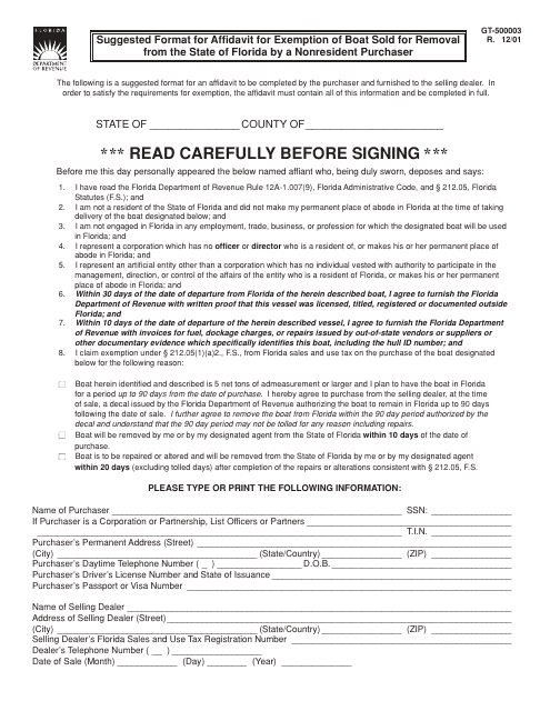 Form GT-500003 Suggested Format for Affidavit for Exemption of Boat Sold for Removal From the State of Florida by a Nonresident Purchaser - Florida