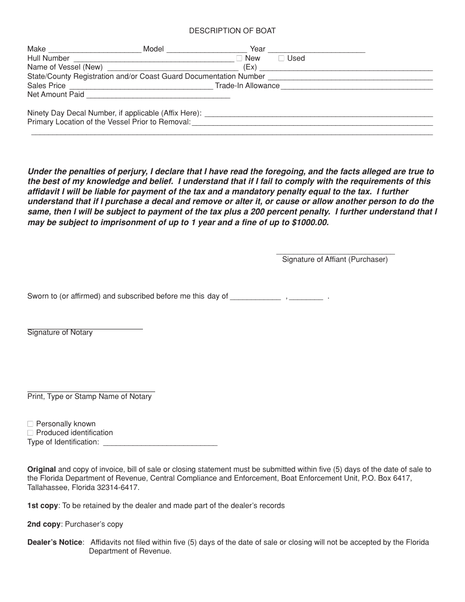 Form GT-500003 Suggested Format for Affidavit for Exemption of Boat Sold for Removal From the State of Florida by a Nonresident Purchaser - Florida, Page 2