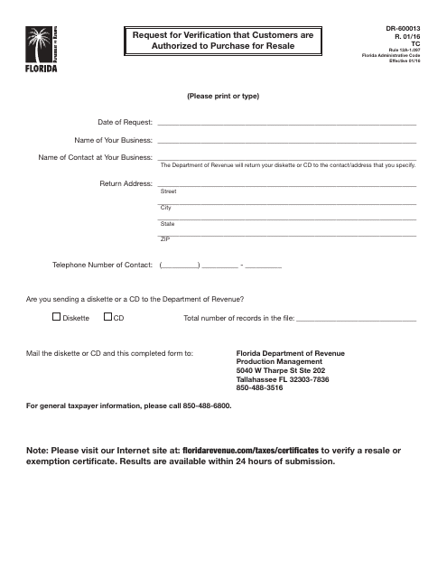 Form DR-600013 Request for Verification That Customers Are Authorized to Purchase for Resale - Florida