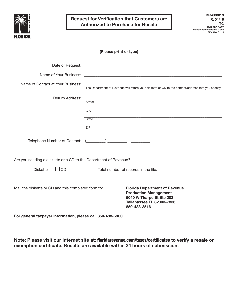 Form DR-600013 Request for Verification That Customers Are Authorized to Purchase for Resale - Florida, Page 1