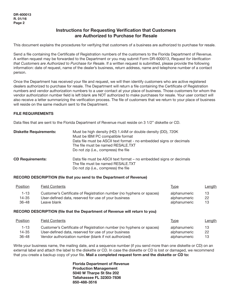 Form DR-600013 Request for Verification That Customers Are Authorized to Purchase for Resale - Florida, Page 2