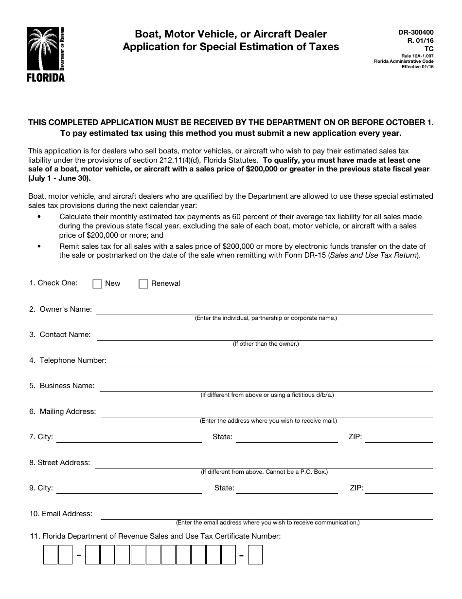 Form DR-300400 Boat, Motor Vehicle, or Aircraft Dealer Application for Special Estimation of Taxes - Florida, Page 1