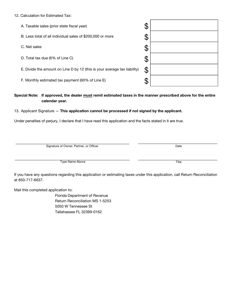 Form DR-300400 Boat, Motor Vehicle, or Aircraft Dealer Application for Special Estimation of Taxes - Florida, Page 2
