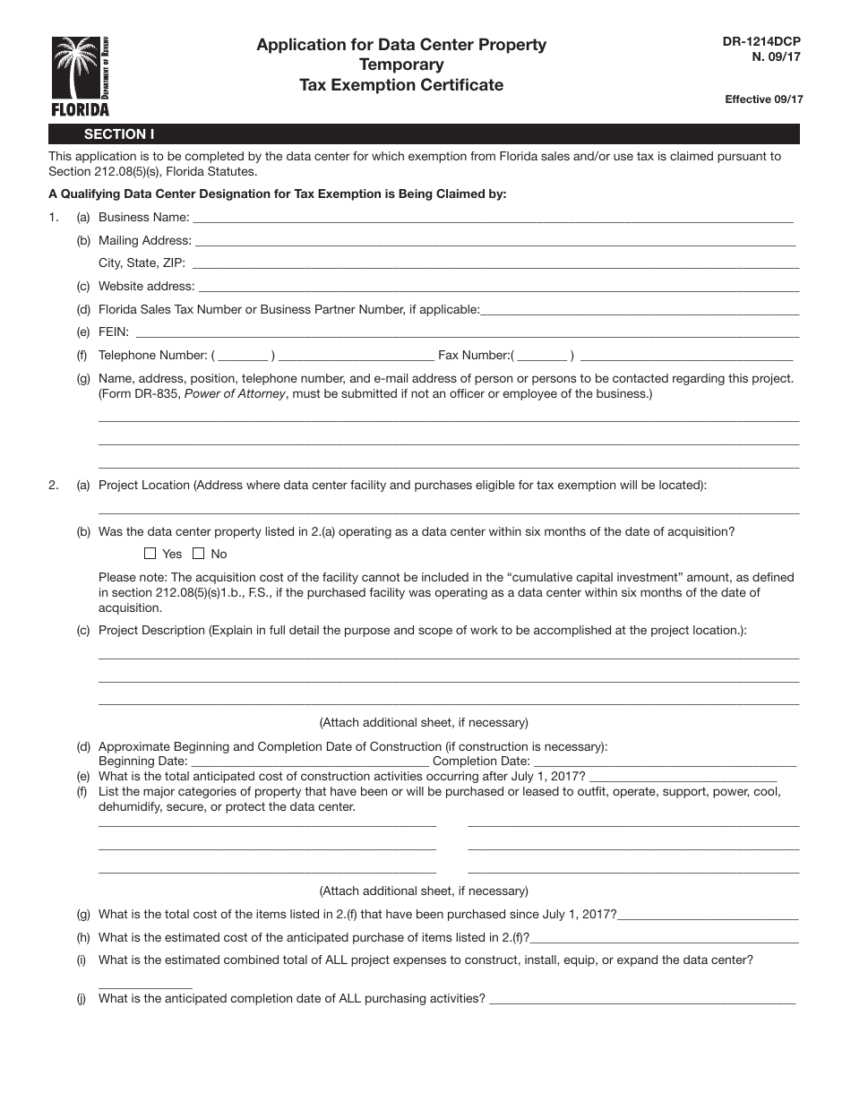 Form DR-1214DCP Application for Data Center Property Temporary Tax Exemption Certificate - Florida, Page 1