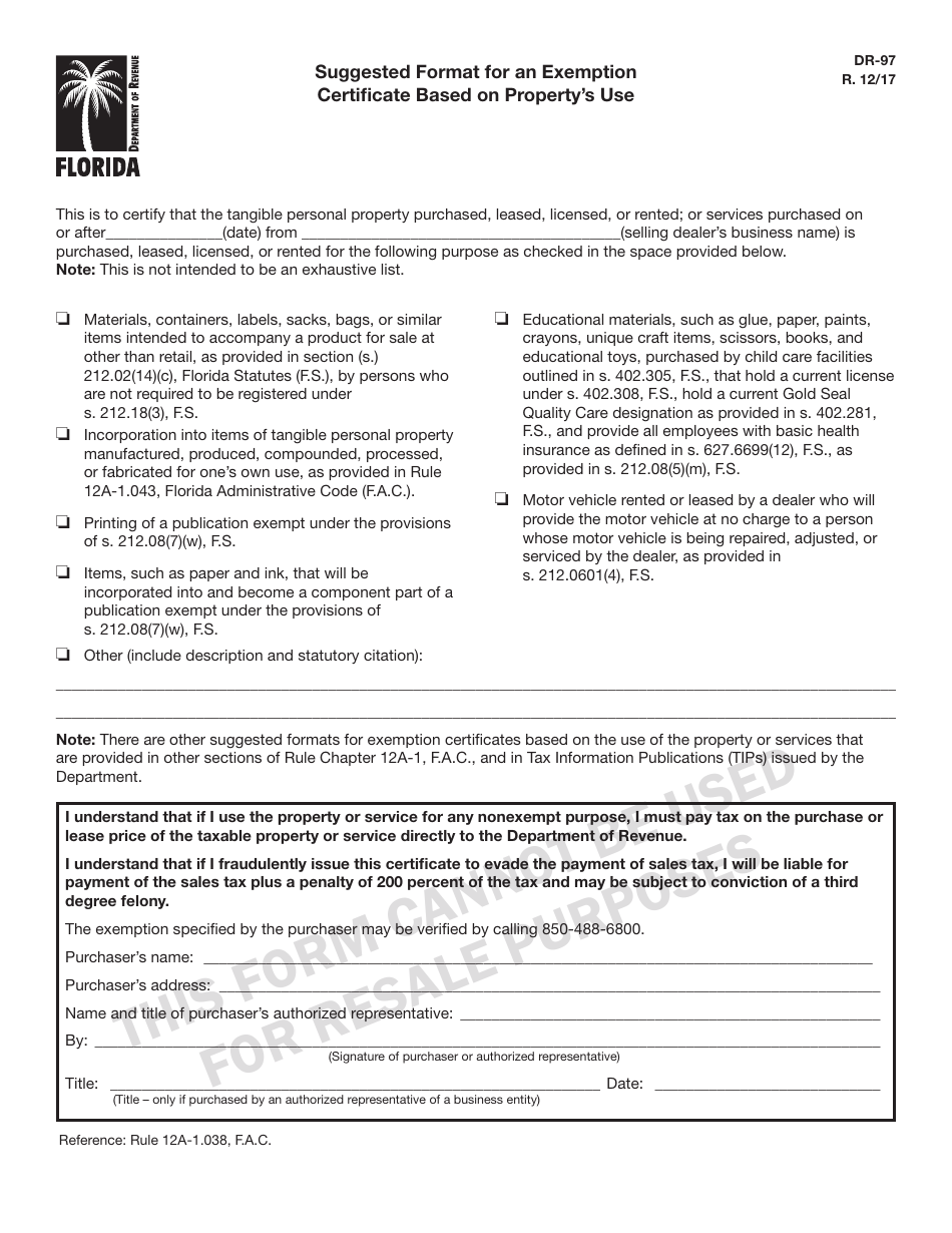 Form DR-97 Suggested Format for an Exemption Certificate Based on Propertys Use - Florida, Page 1