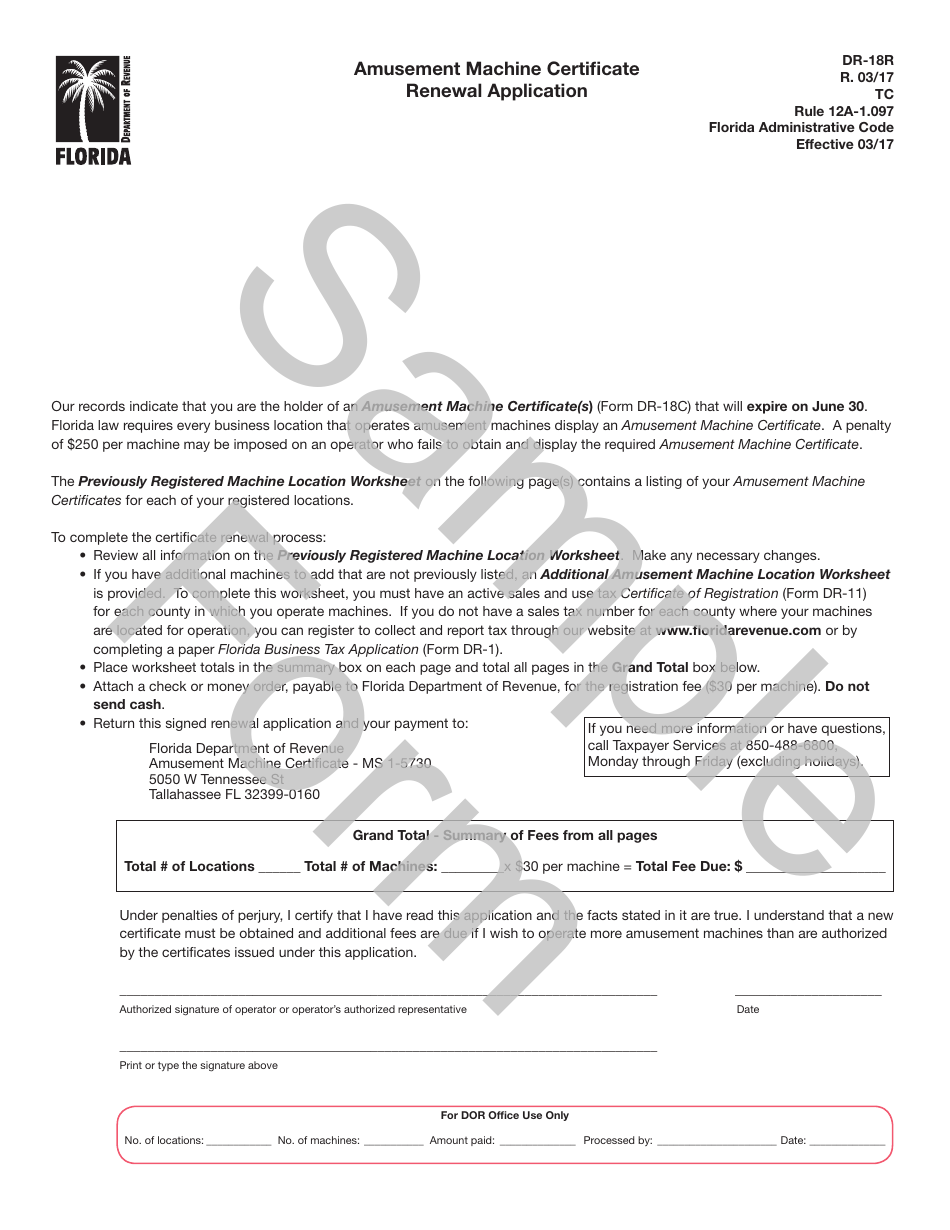 Sample Form DR-18R Amusement Machine Certificate Renewal Application - Florida, Page 1