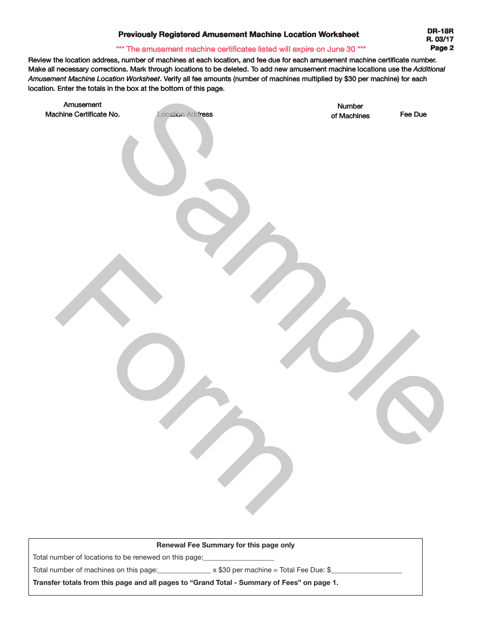 Sample Form DR-18R Amusement Machine Certificate Renewal Application - Florida, Page 2