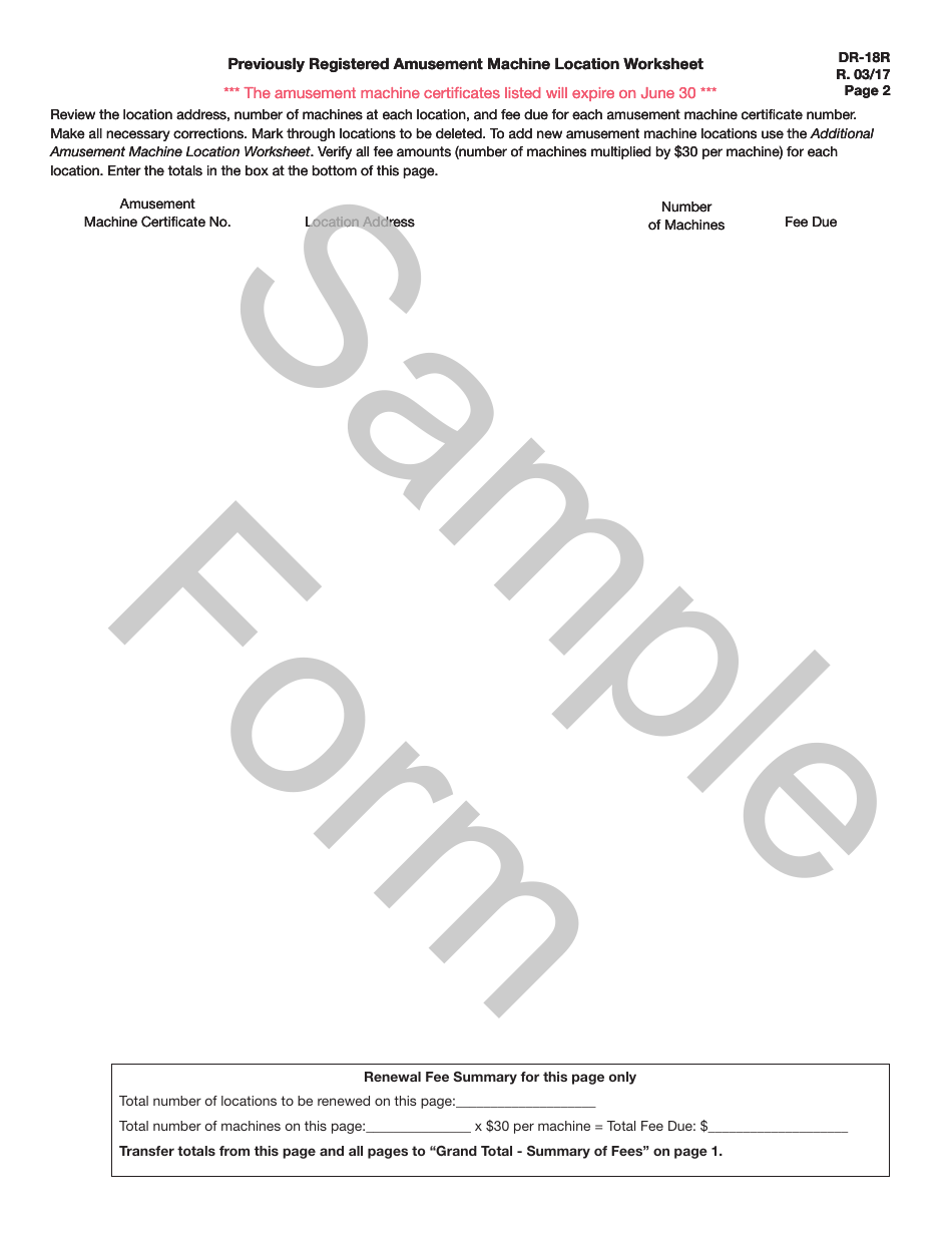 Sample Form DR-18R Amusement Machine Certificate Renewal Application - Florida, Page 3