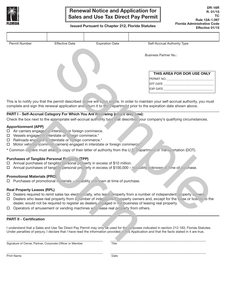 Sample Form DR-16R Renewal Notice and Application for Sales and Use Tax Direct Pay Permit - Florida, Page 1