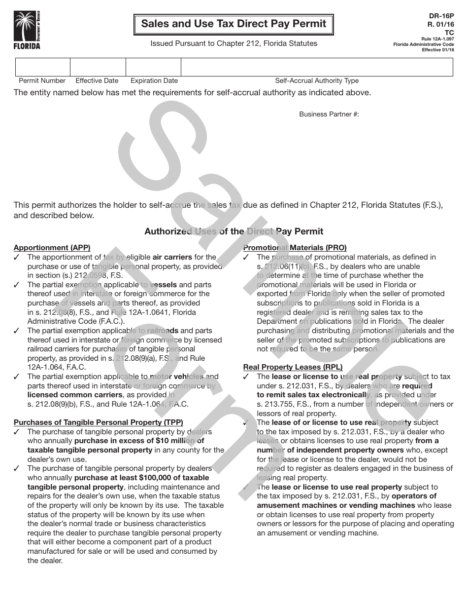 Sample Form DR-16P Sales and Use Tax Direct Pay Permit - Florida, Page 1