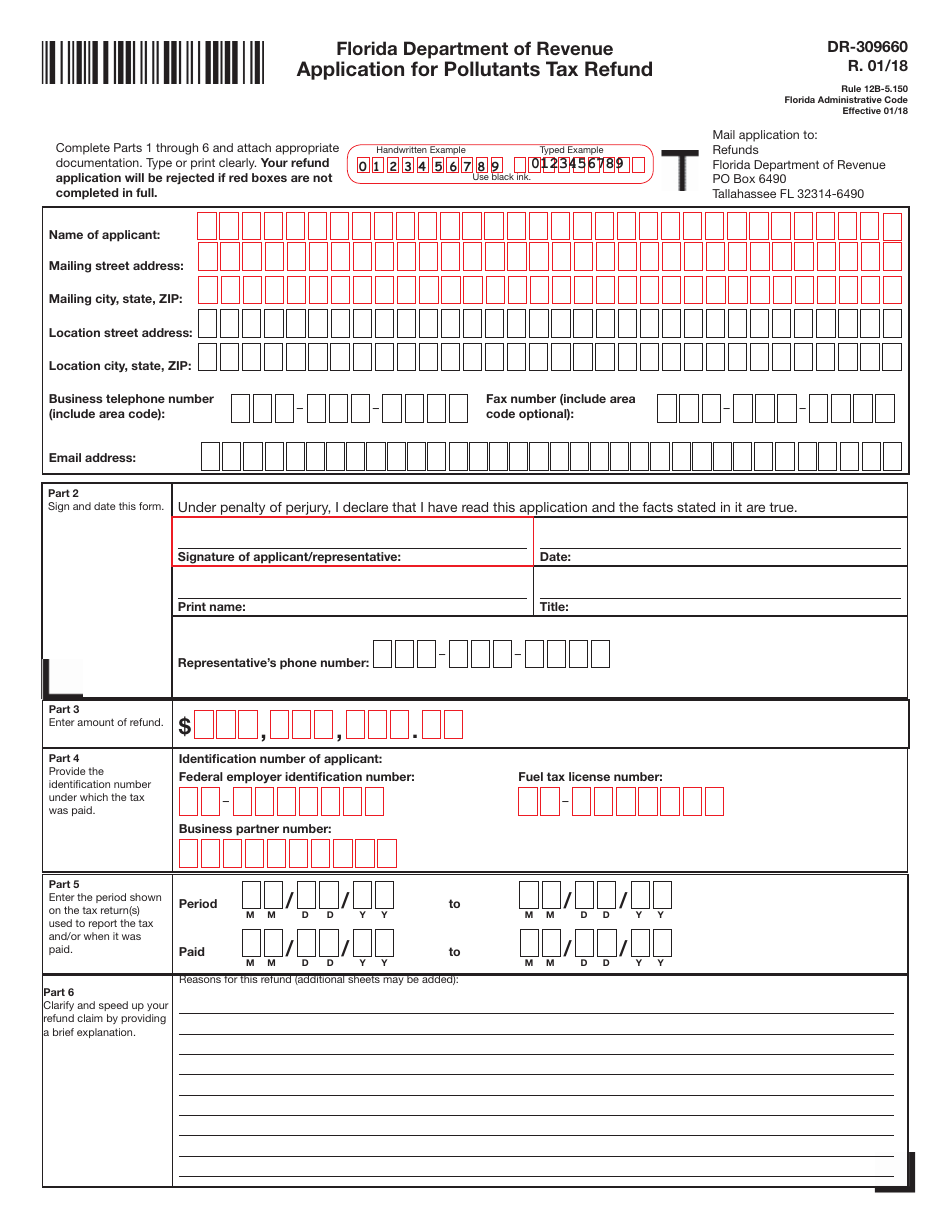 Form DR-309660 Application for Pollutants Tax Refund - Florida, Page 1