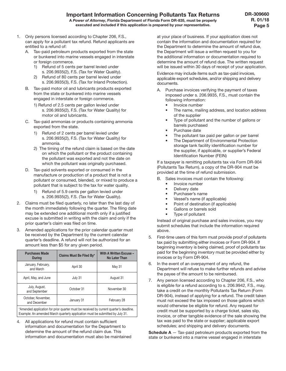 Form DR-309660 Application for Pollutants Tax Refund - Florida, Page 5